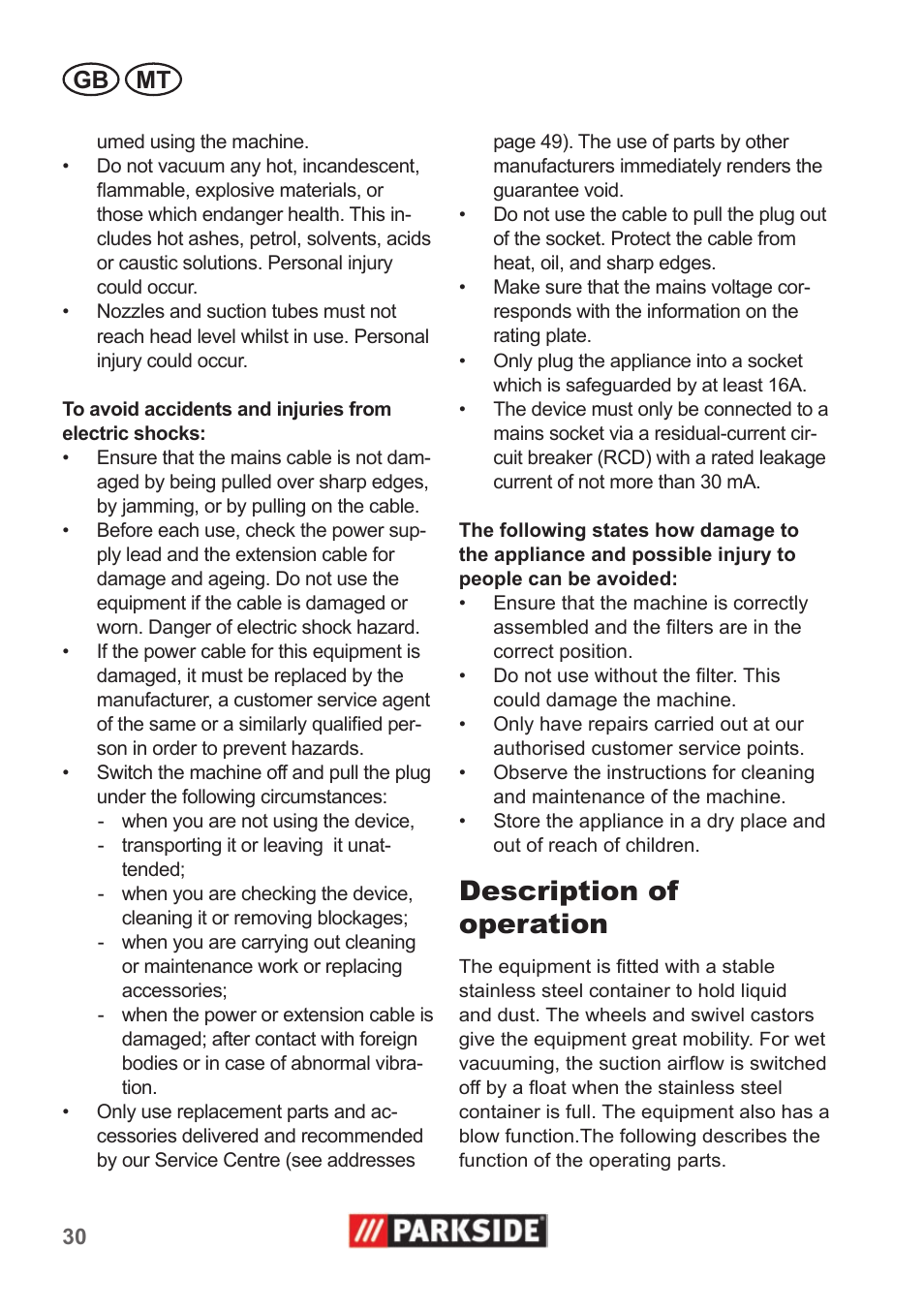 Description of operation, Gb mt | Parkside PNTS 1400 A1 User Manual | Page 30 / 50