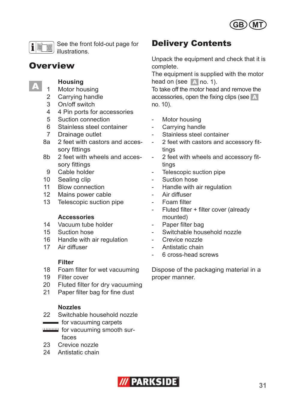 Overview, Delivery contents, Gb mt | Parkside PNTS 1400 A1 User Manual | Page 31 / 50