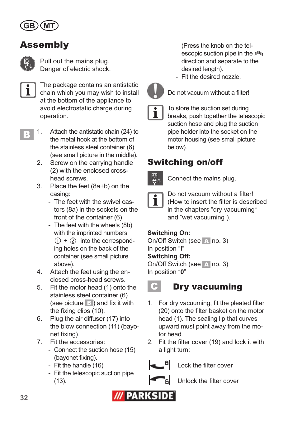 Assembly, Switching on/off, Dry vacuuming | Gb mt | Parkside PNTS 1400 A1 User Manual | Page 32 / 50