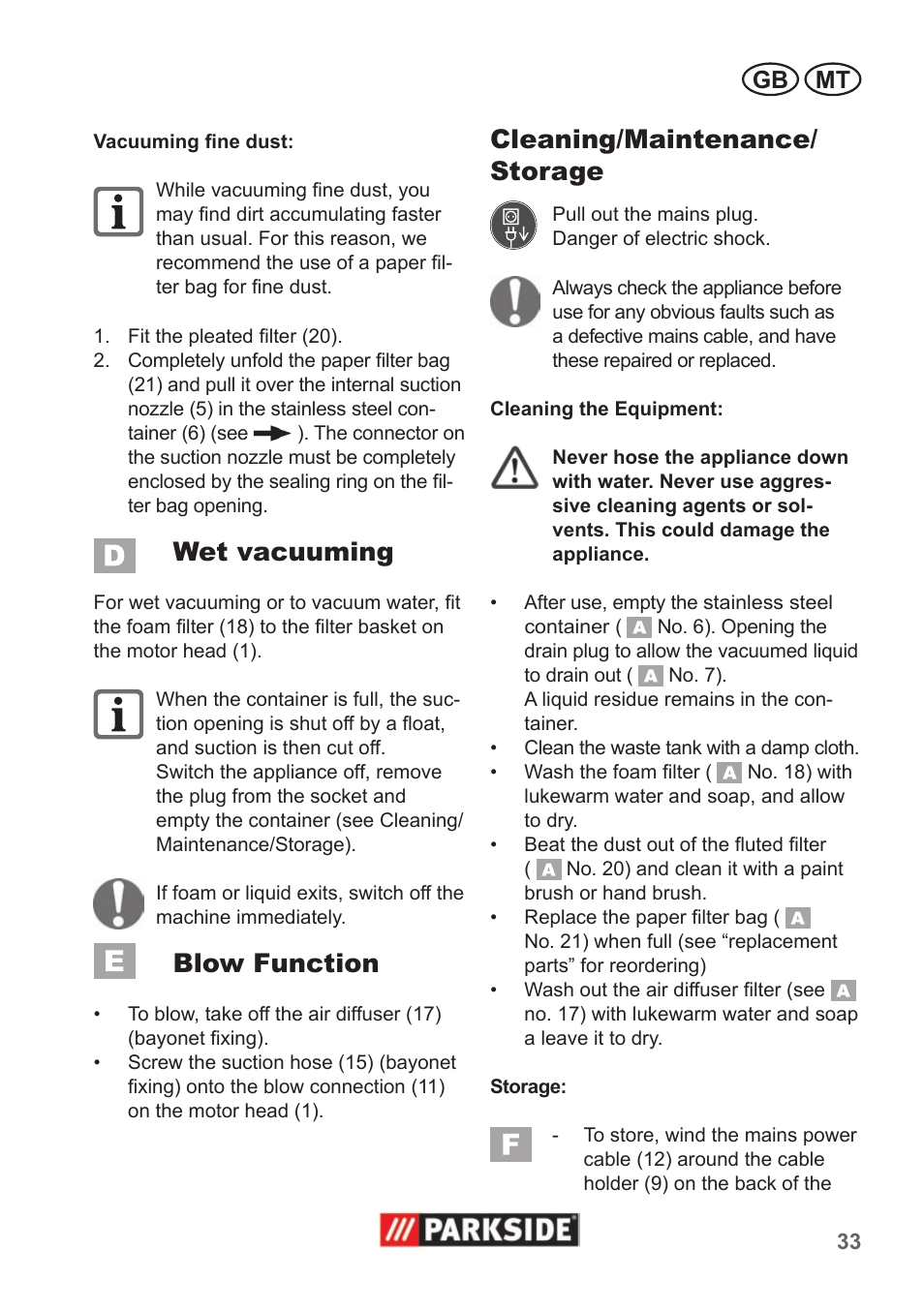 Wet vacuuming, Blow function, Cleaning/maintenance/ storage | Gb mt | Parkside PNTS 1400 A1 User Manual | Page 33 / 50