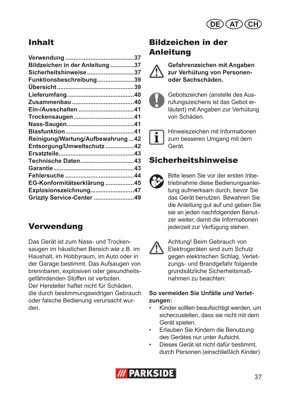 Inhalt, Verwendung, Bildzeichen in der anleitung | Sicherheitshinweise | Parkside PNTS 1400 A1 User Manual | Page 37 / 50