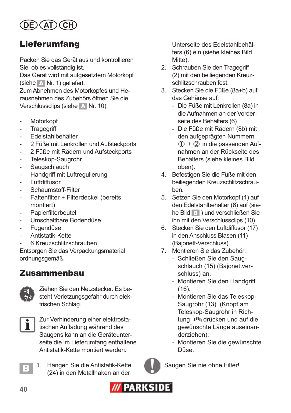 Lieferumfang, Zusammenbau, De at ch | Parkside PNTS 1400 A1 User Manual | Page 40 / 50