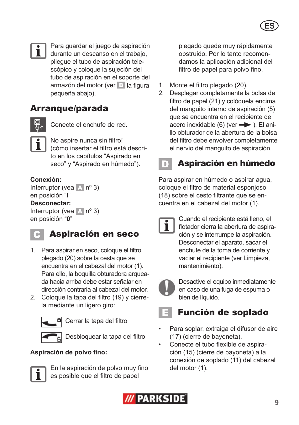 Arranque/parada, Aspiración en seco, Aspiración en húmedo | Función de soplado | Parkside PNTS 1400 A1 User Manual | Page 9 / 50