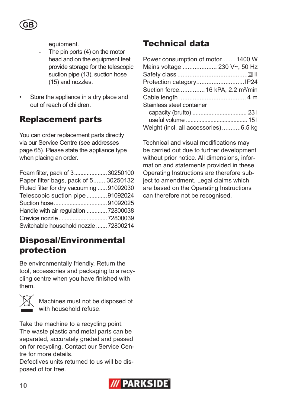 Replacement parts, Disposal/environmental protection, Technical data | Parkside PNTS 1400 A1 User Manual | Page 10 / 66