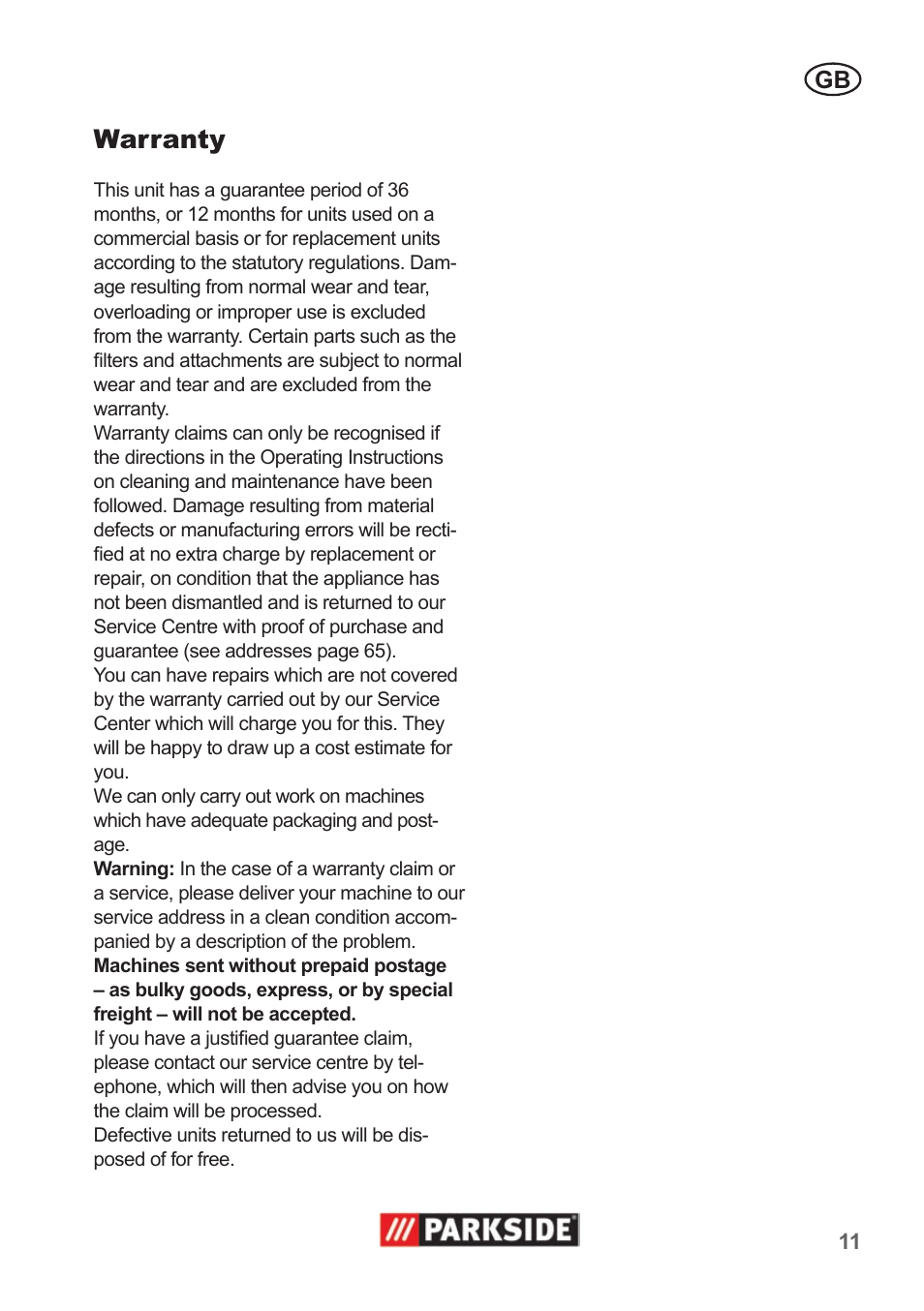 Warranty | Parkside PNTS 1400 A1 User Manual | Page 11 / 66