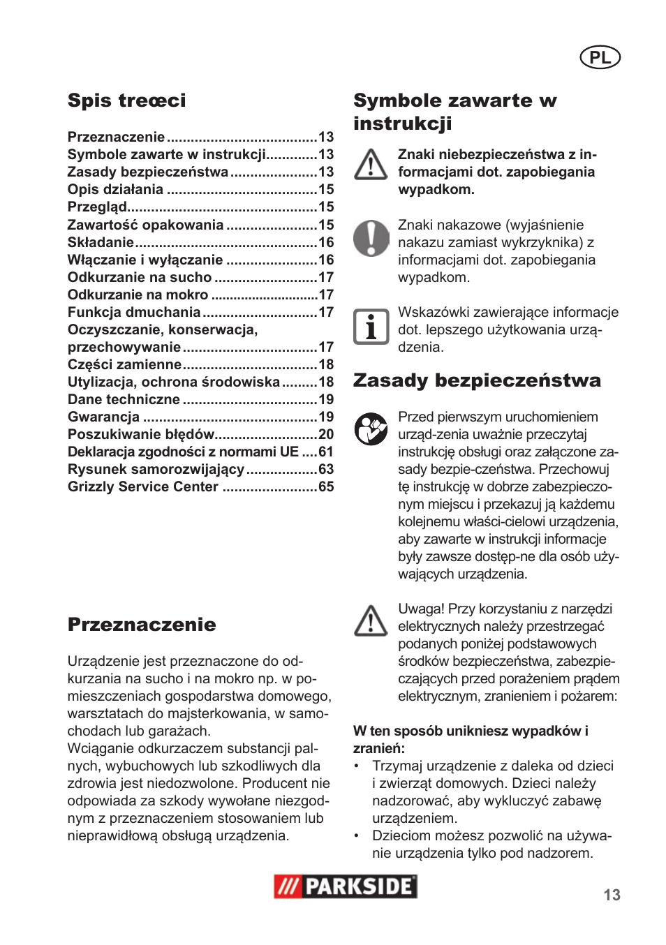 Spis treœci, Przeznaczenie, Symbole zawarte w instrukcji | Zasady bezpieczeństwa | Parkside PNTS 1400 A1 User Manual | Page 13 / 66