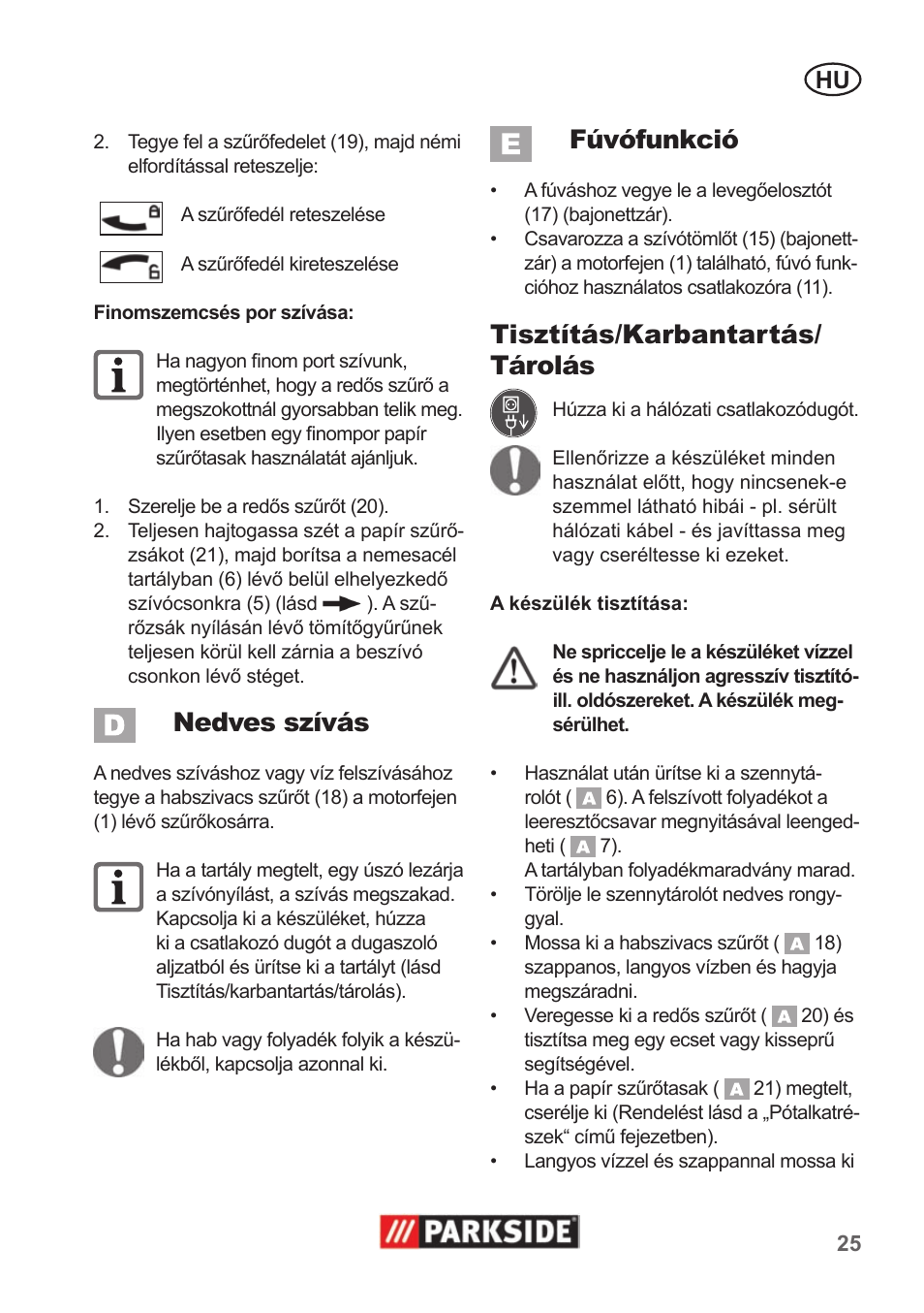 Nedves szívás, Fúvófunkció, Tisztítás/karbantartás/ tárolás | Parkside PNTS 1400 A1 User Manual | Page 25 / 66