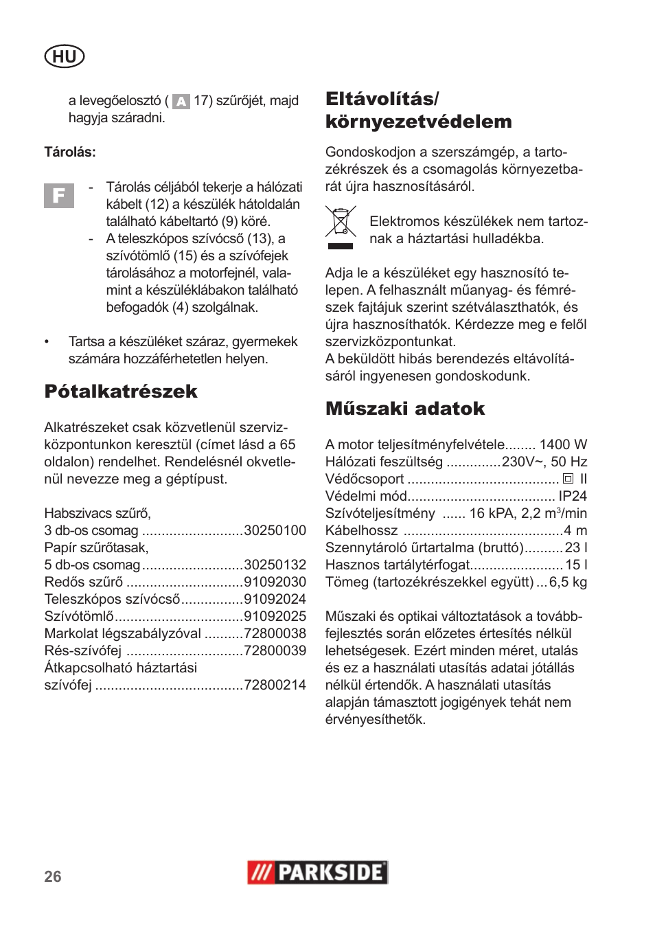 Pótalkatrészek, Eltávolítás/ környezetvédelem, Műszaki adatok | Parkside PNTS 1400 A1 User Manual | Page 26 / 66