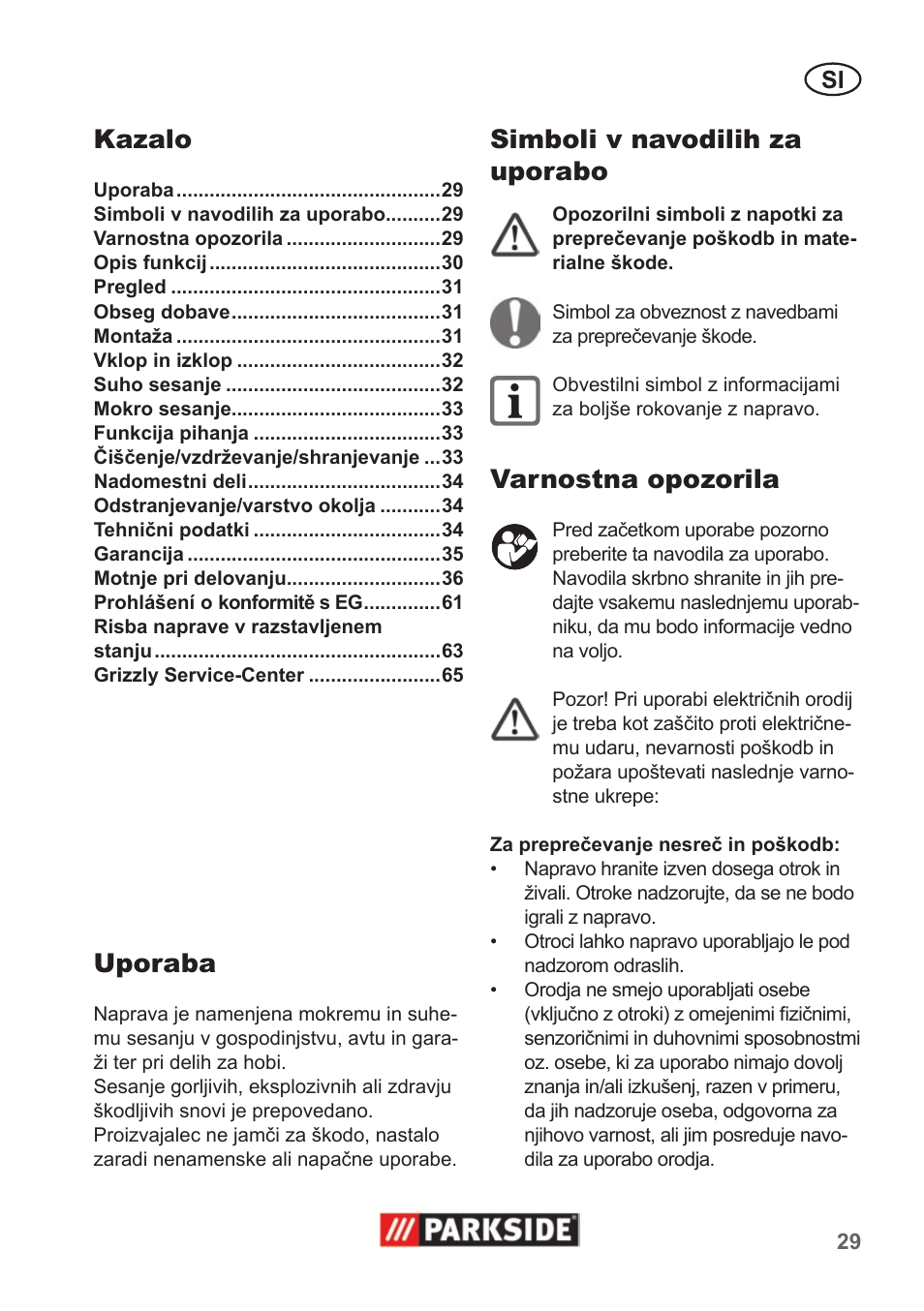 Kazalo, Uporaba, Simboli v navodilih za uporabo | Varnostna opozorila | Parkside PNTS 1400 A1 User Manual | Page 29 / 66