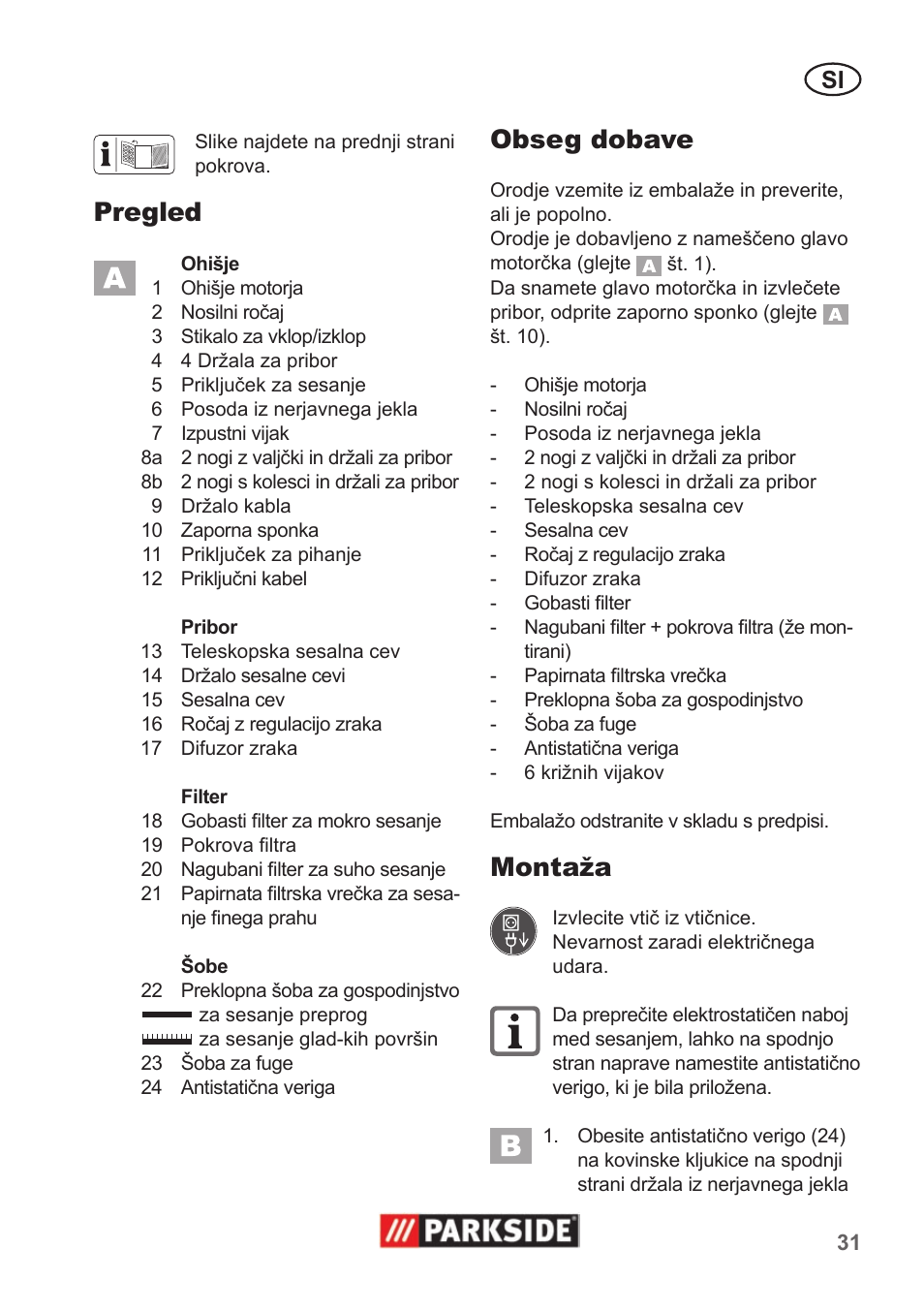 Pregled, Obseg dobave, Montaža | Parkside PNTS 1400 A1 User Manual | Page 31 / 66