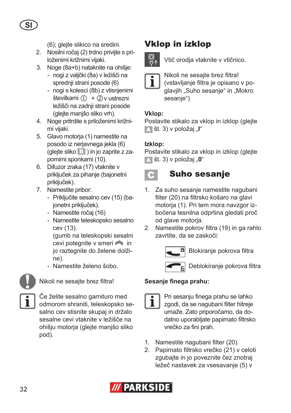 Vklop in izklop, Suho sesanje | Parkside PNTS 1400 A1 User Manual | Page 32 / 66