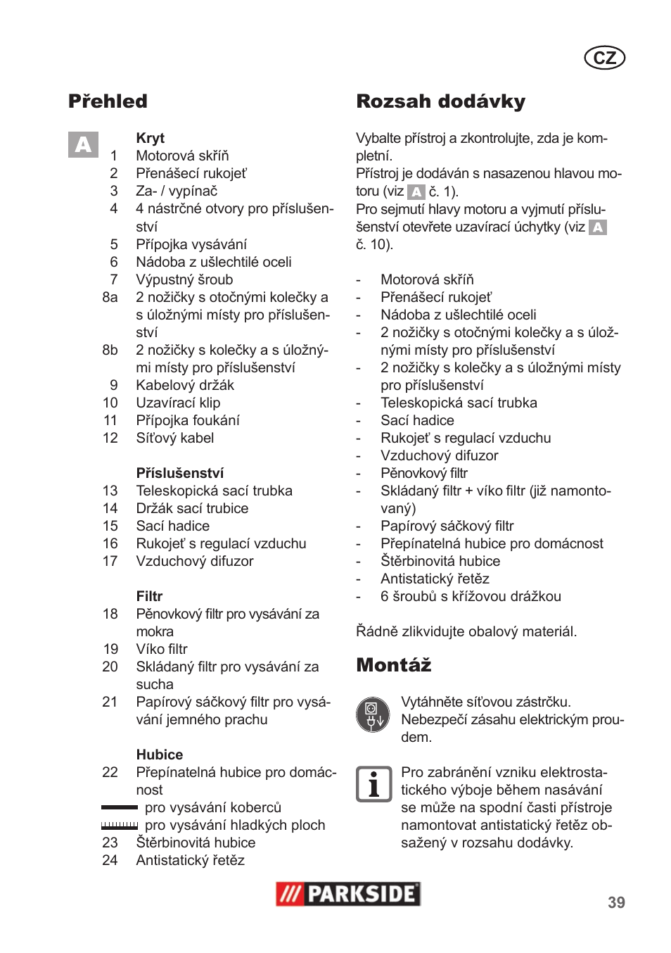 Rozsah dodávky, Montáž, Přehled | Parkside PNTS 1400 A1 User Manual | Page 39 / 66