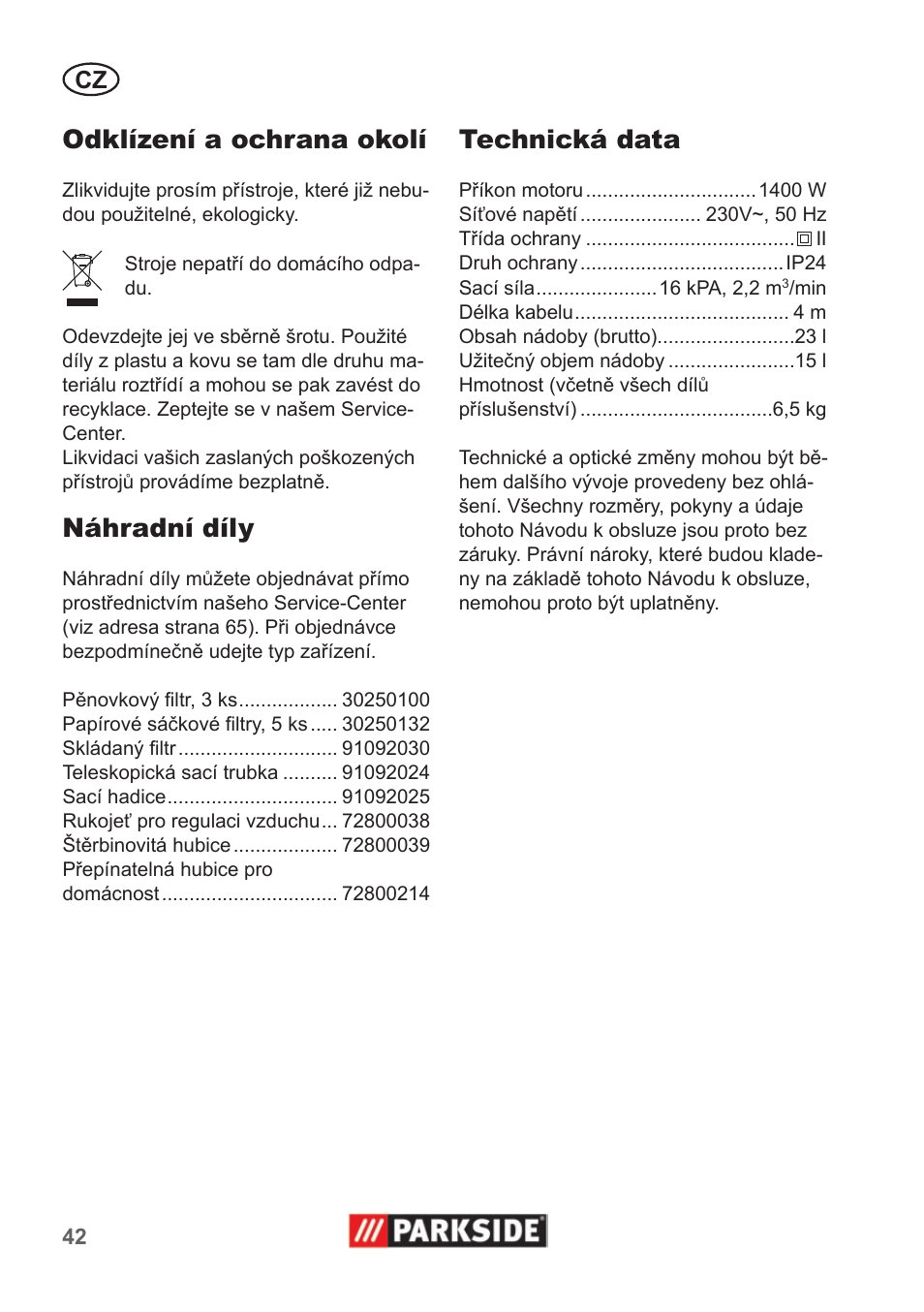 Odklízení a ochrana okolí, Náhradní díly, Technická data | Parkside PNTS 1400 A1 User Manual | Page 42 / 66