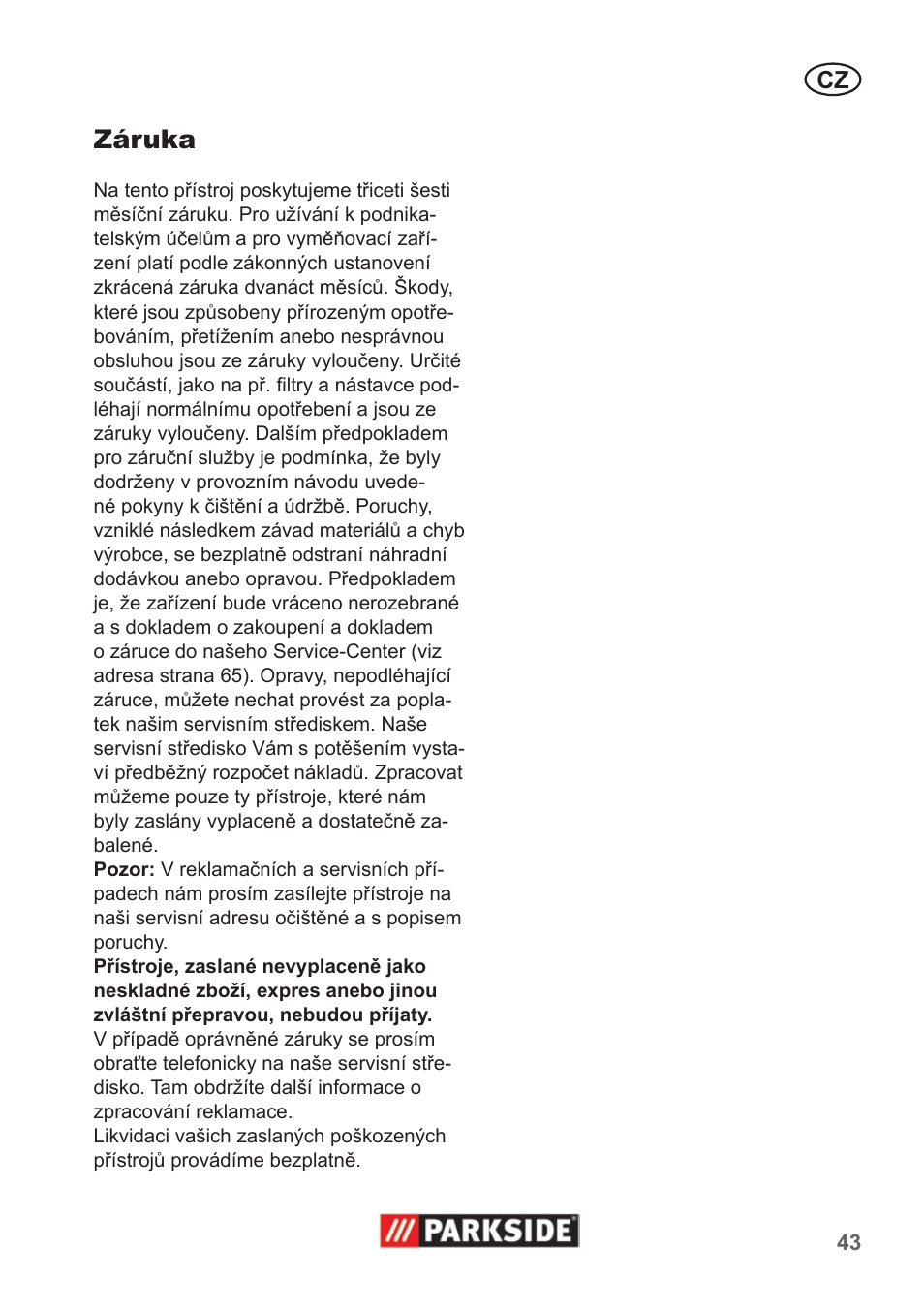 Záruka | Parkside PNTS 1400 A1 User Manual | Page 43 / 66