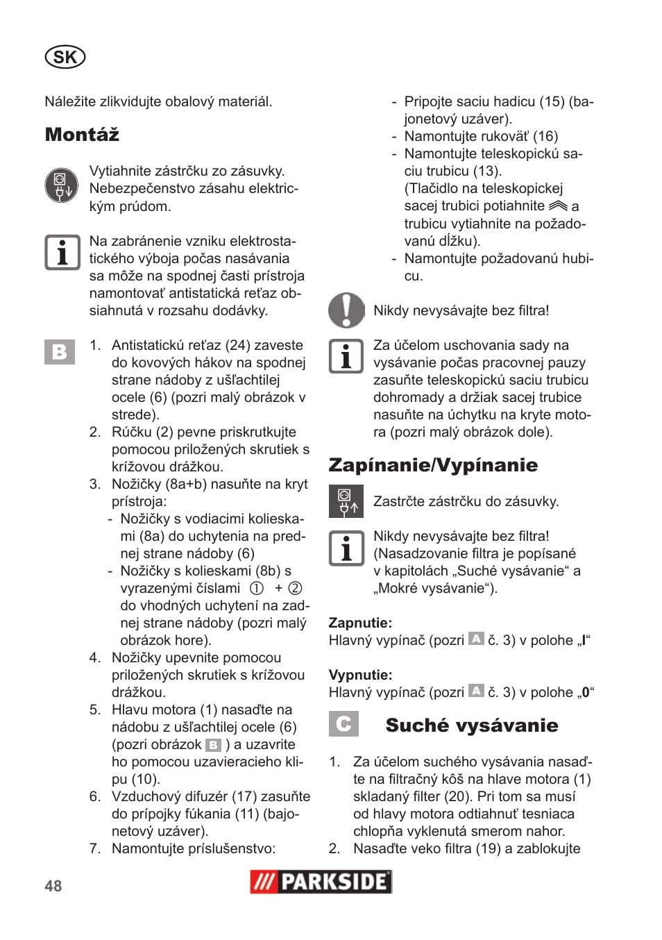 Montáž, Zapínanie/vypínanie, Suché vysávanie | Parkside PNTS 1400 A1 User Manual | Page 48 / 66