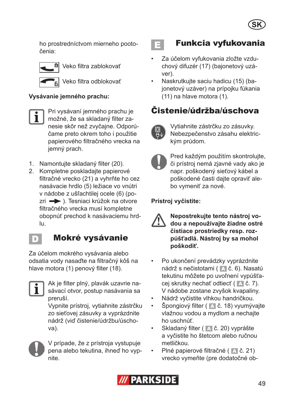 Mokré vysávanie, Funkcia vyfukovania, Čistenie/údržba/úschova | Parkside PNTS 1400 A1 User Manual | Page 49 / 66