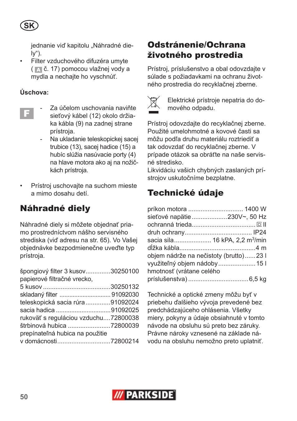 Náhradné diely, Odstránenie/ochrana životného prostredia, Technické údaje | Parkside PNTS 1400 A1 User Manual | Page 50 / 66