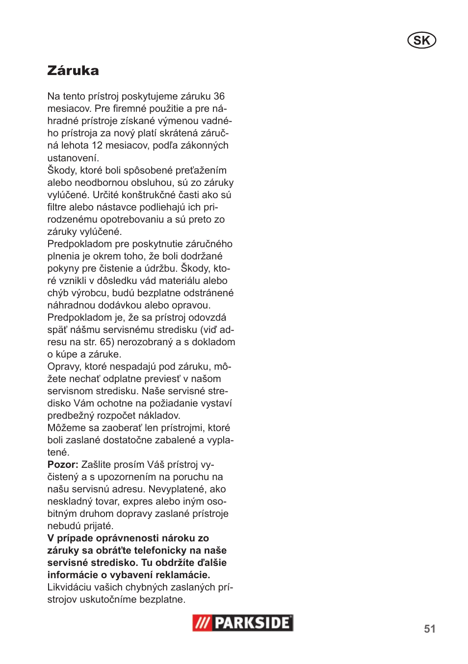 Záruka | Parkside PNTS 1400 A1 User Manual | Page 51 / 66