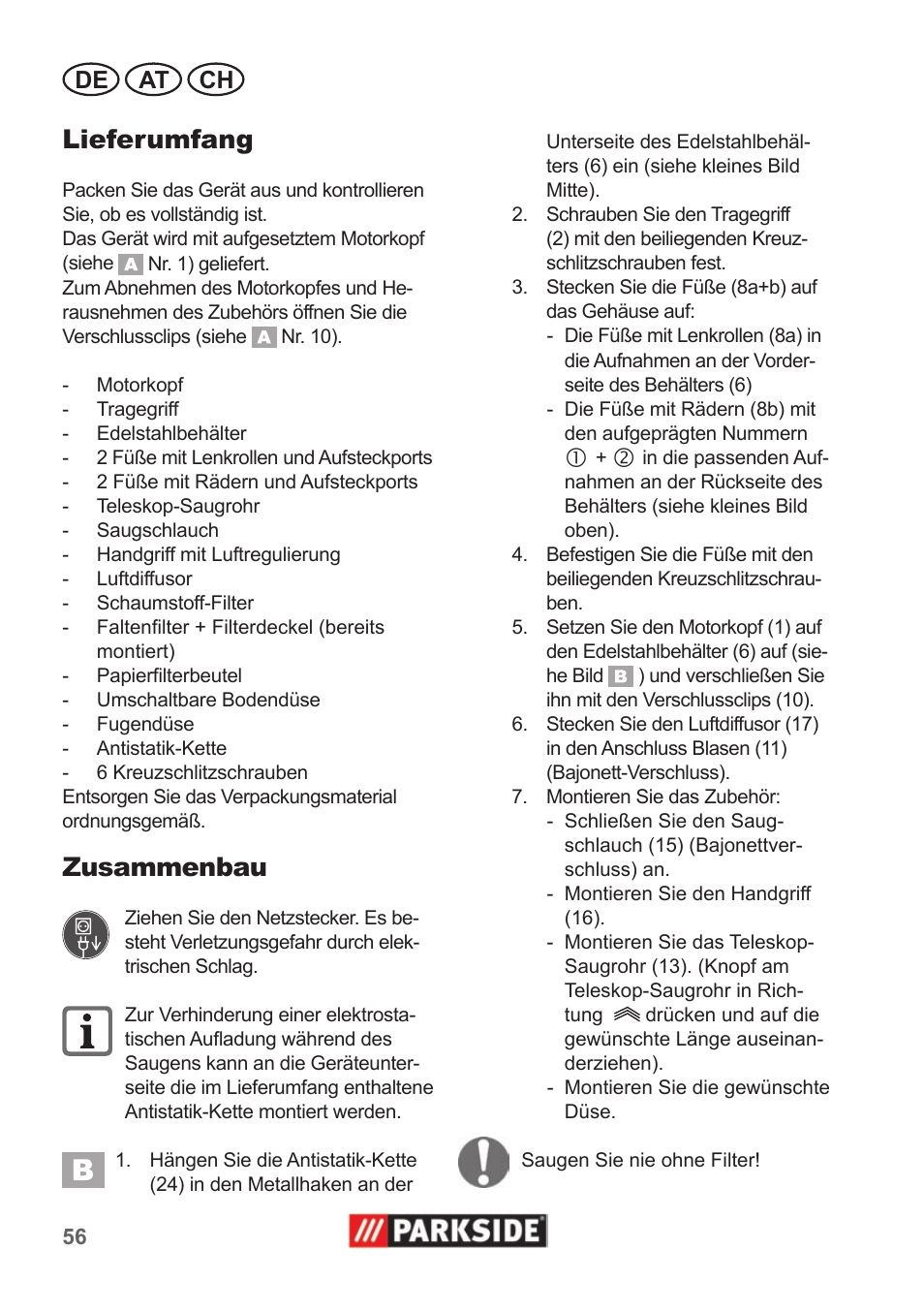 Lieferumfang, Zusammenbau, De at ch | Parkside PNTS 1400 A1 User Manual | Page 56 / 66