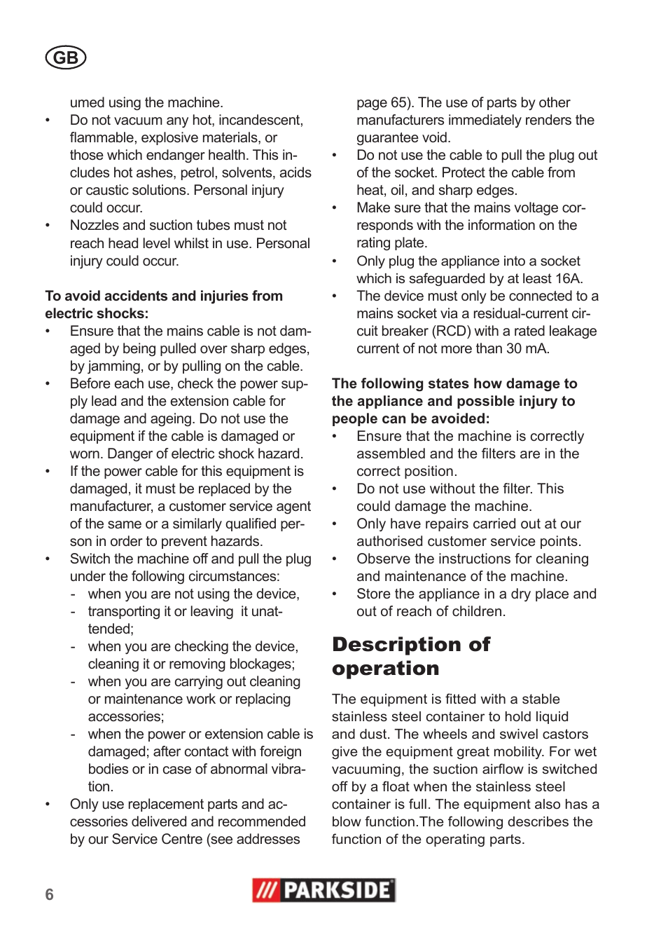 Description of operation | Parkside PNTS 1400 A1 User Manual | Page 6 / 66