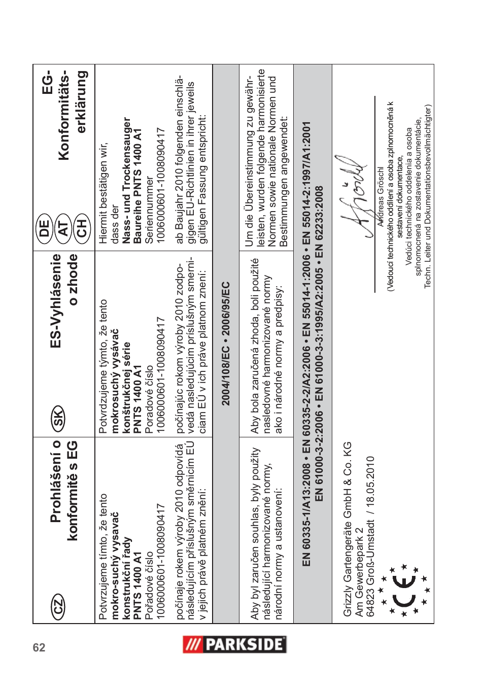 De at ch | Parkside PNTS 1400 A1 User Manual | Page 62 / 66