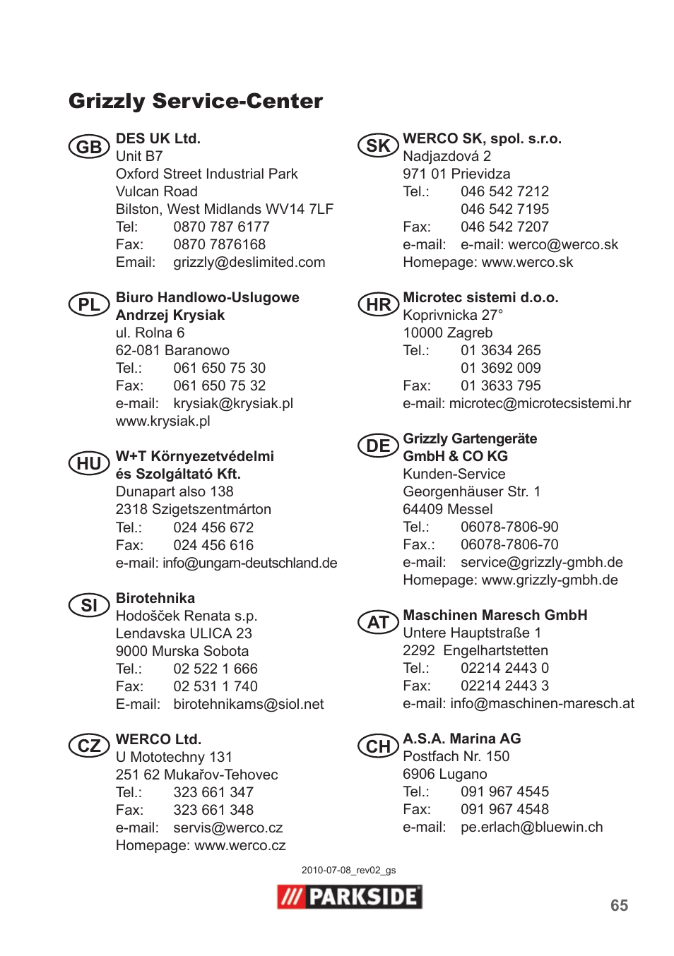 Grizzly service-center, Gb sk hr de at ch pl hu si cz | Parkside PNTS 1400 A1 User Manual | Page 65 / 66
