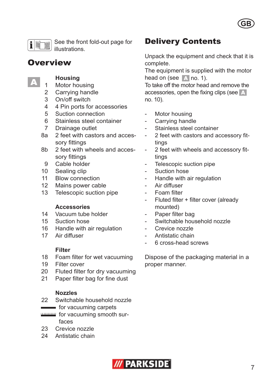 Overview, Delivery contents | Parkside PNTS 1400 A1 User Manual | Page 7 / 66