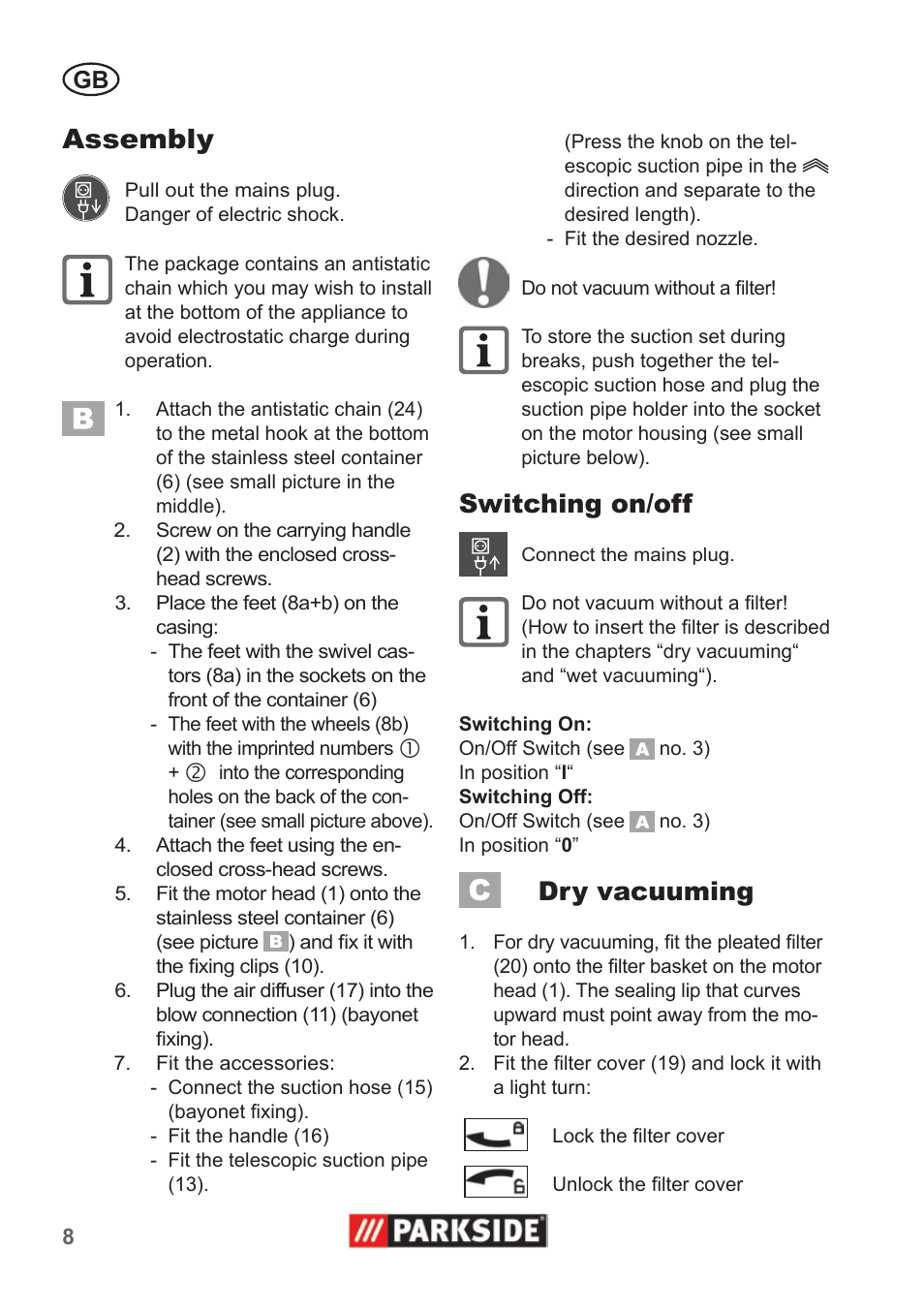 Assembly, Switching on/off, Dry vacuuming | Parkside PNTS 1400 A1 User Manual | Page 8 / 66