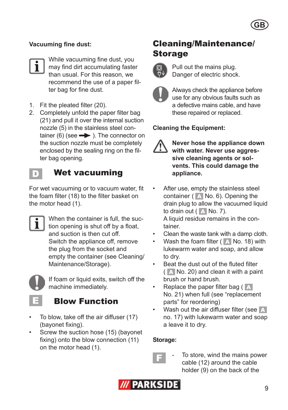 Wet vacuuming, Blow function, Cleaning/maintenance/ storage | Parkside PNTS 1400 A1 User Manual | Page 9 / 66
