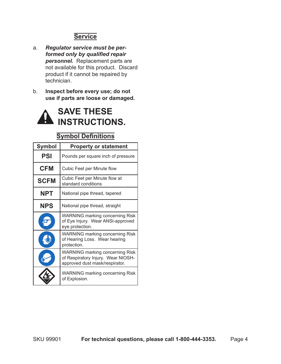 Save these instructions | Harbor Freight Tools PROFESSIONAL 99901 User Manual | Page 4 / 8