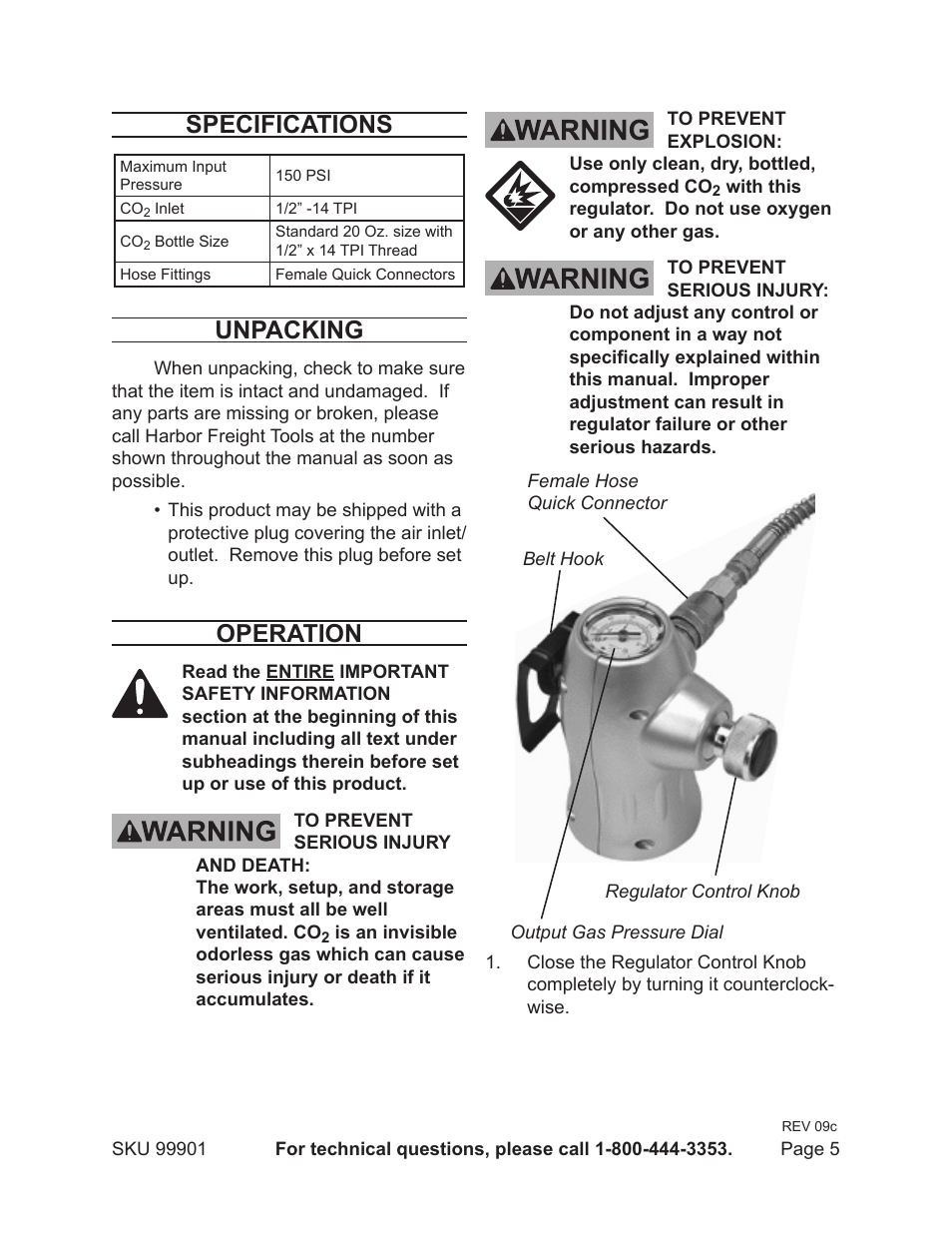 Specifications, Unpacking, Operation | Harbor Freight Tools PROFESSIONAL 99901 User Manual | Page 5 / 8