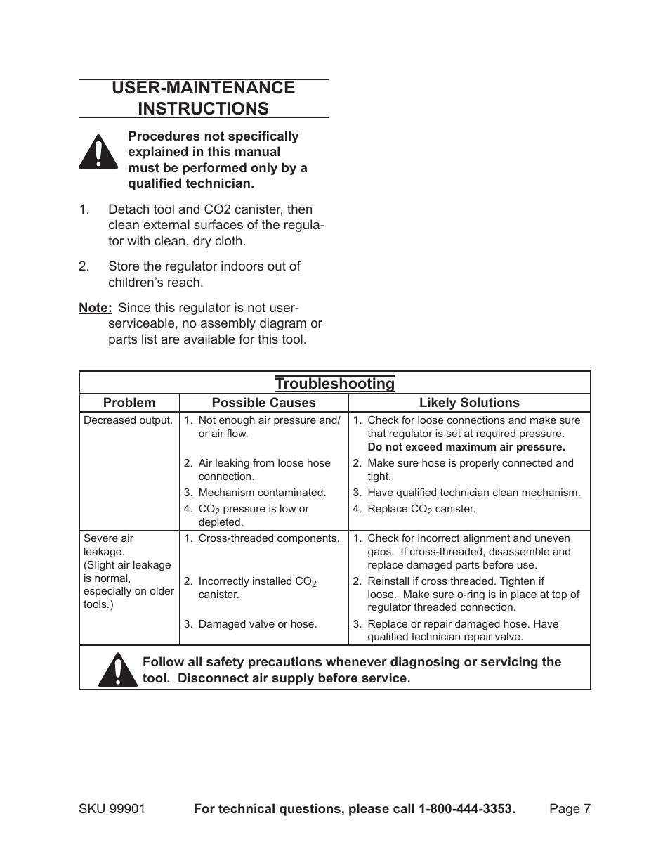 User-maintenance instructions, Troubleshooting | Harbor Freight Tools PROFESSIONAL 99901 User Manual | Page 7 / 8