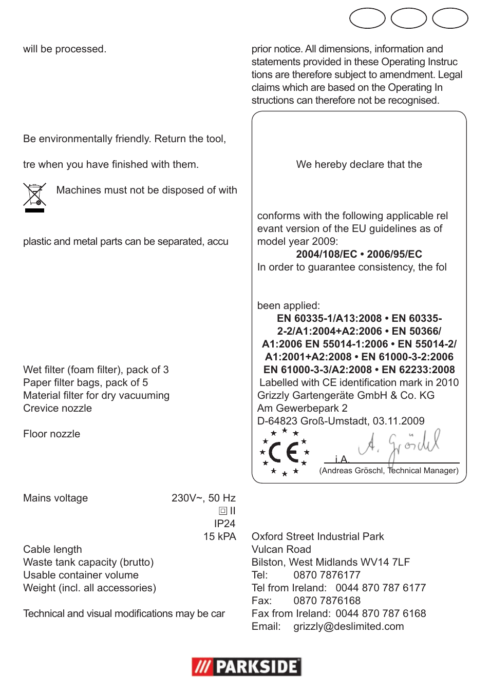 Cy ie gb, Disposal/environmental protection, Replacement parts | Technical data, Eu declaration of conformity, Grizzly service-center | Parkside PNTS 1300 User Manual | Page 9 / 10