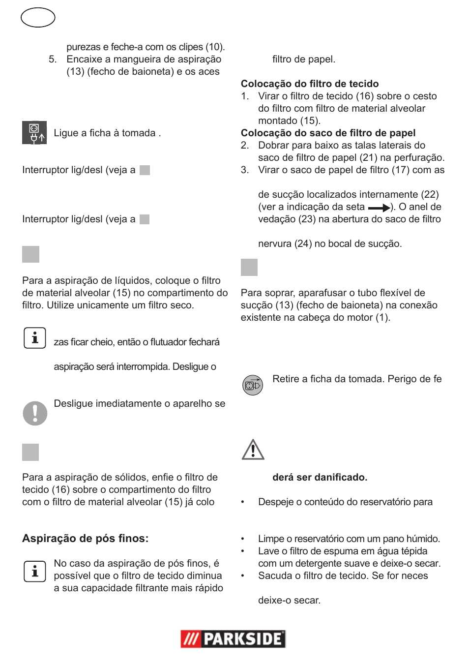 Ligar/desligar, Aspiração de líquidos, Aspiração de sólidos | Sopro, Limpeza/ manutenção/ conservação | Parkside PNTS 1300 User Manual | Page 20 / 38