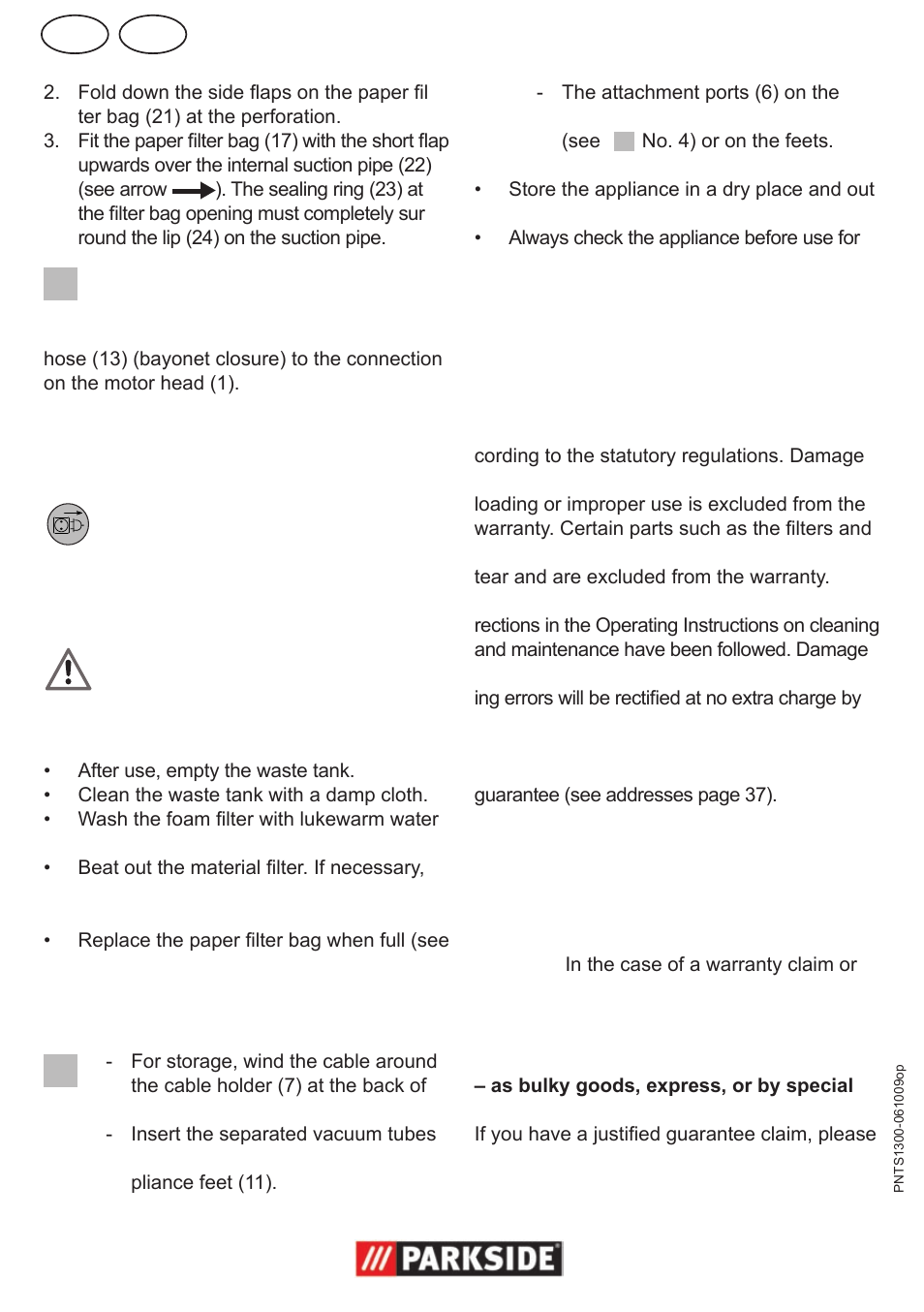 Gb mt, Blowing, Cleaning/maintenance/ storage | Warranty | Parkside PNTS 1300 User Manual | Page 26 / 38