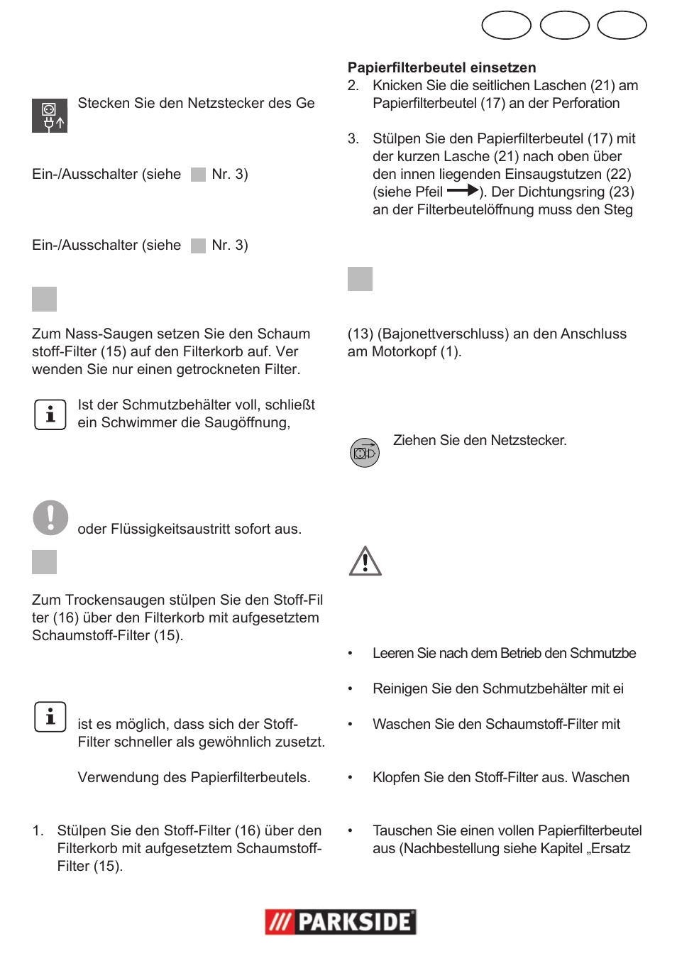 Ch at de, Ein-/ausschalten, Nass-saugen | Trockensaugen, Blasen, Reinigung/wartung/ aufbewahrung | Parkside PNTS 1300 User Manual | Page 31 / 38