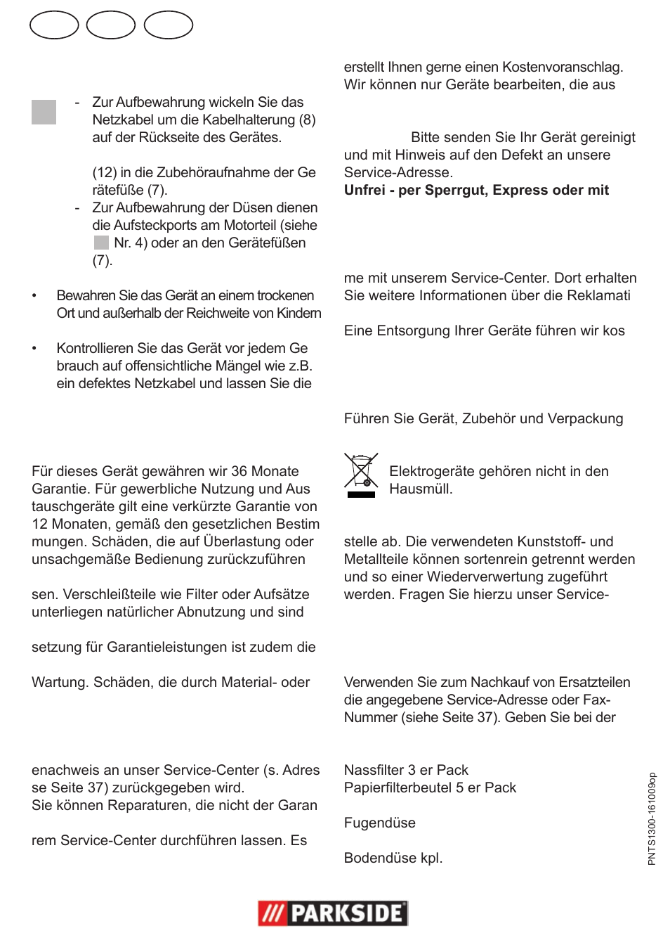 De at ch, Garantie, Entsorgung/umweltschutz | Ersatzteile | Parkside PNTS 1300 User Manual | Page 32 / 38