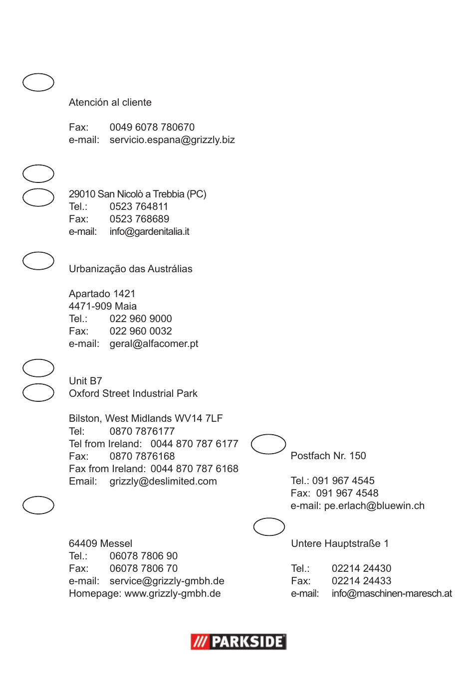 Grizzly service-center, Es it gb de mt at mt | Parkside PNTS 1300 User Manual | Page 37 / 38