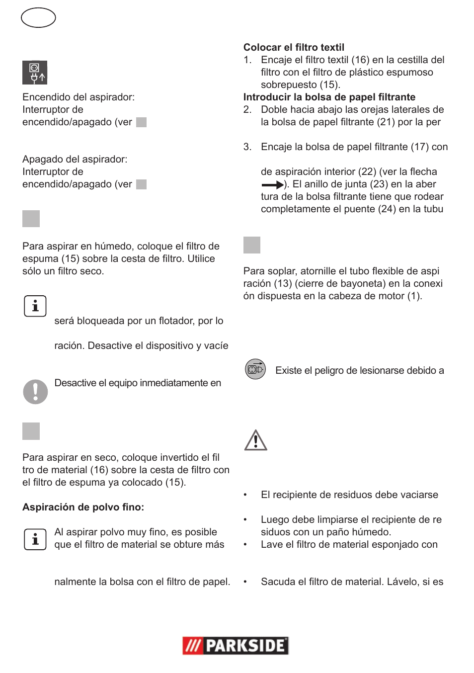 Arranque/parada, Aspiración en húmedo, Aspiración en seco | Soplar, Limpieza/mantenimiento/ conservación | Parkside PNTS 1300 User Manual | Page 8 / 38