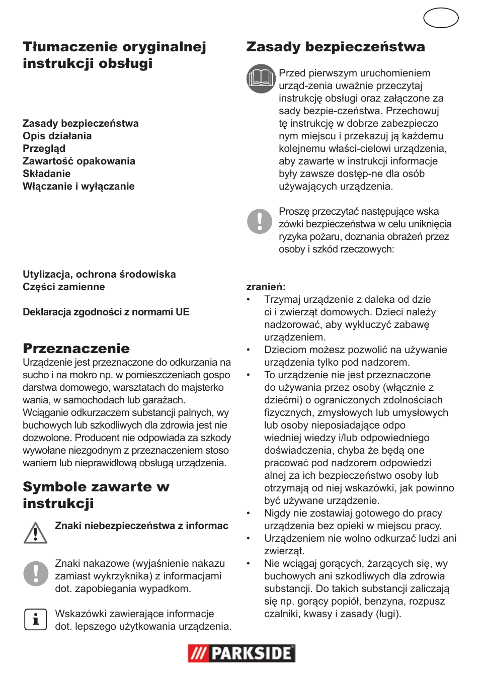 Przeznaczenie, Symbole zawarte w instrukcji, Zasady bezpieczeństwa | Parkside PNTS 1300 User Manual | Page 11 / 54