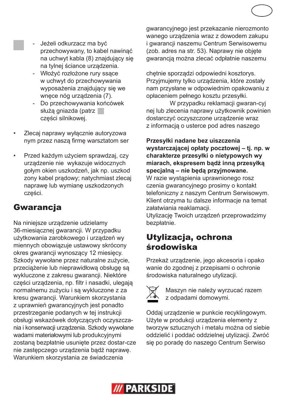 Gwarancja, Utylizacja, ochrona środowiska | Parkside PNTS 1300 User Manual | Page 15 / 54