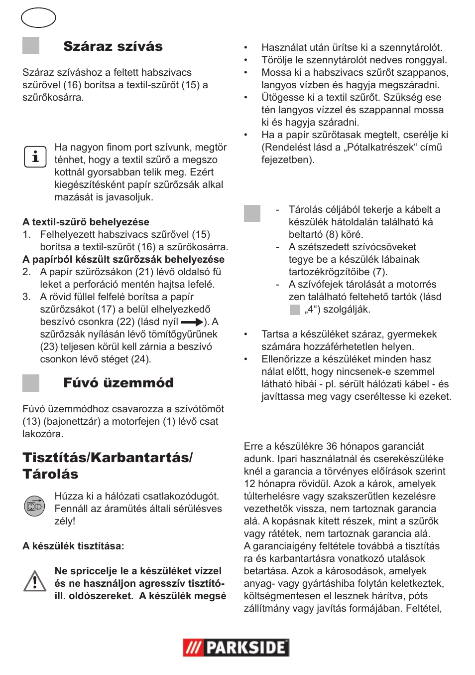 Száraz szívás, Fúvó üzemmód, Tisztítás/karbantartás/ tárolás | Garancia | Parkside PNTS 1300 User Manual | Page 20 / 54