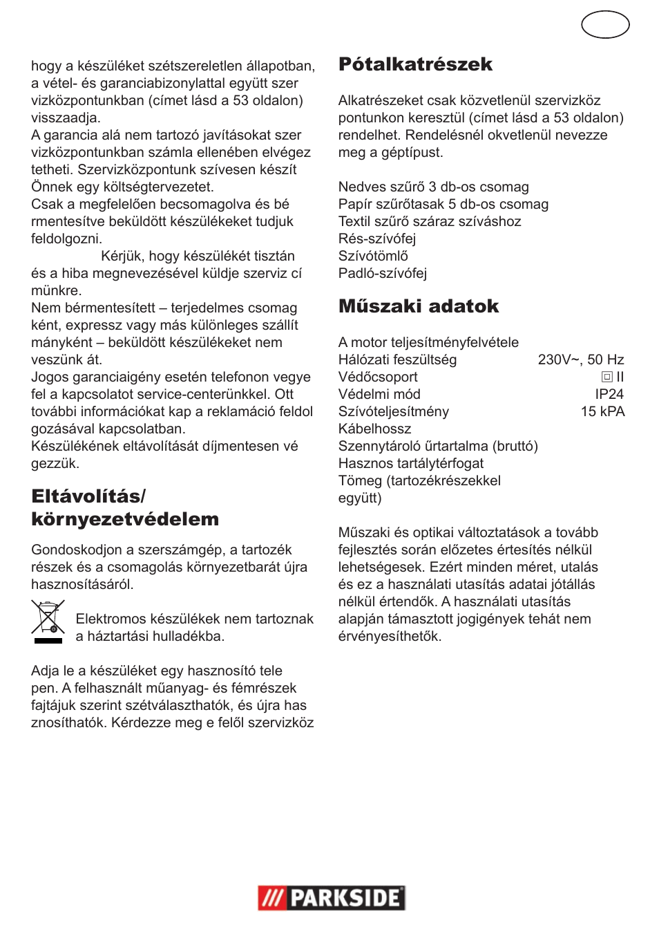 Eltávolítás/ környezetvédelem, Pótalkatrészek, Műszaki adatok | Parkside PNTS 1300 User Manual | Page 21 / 54