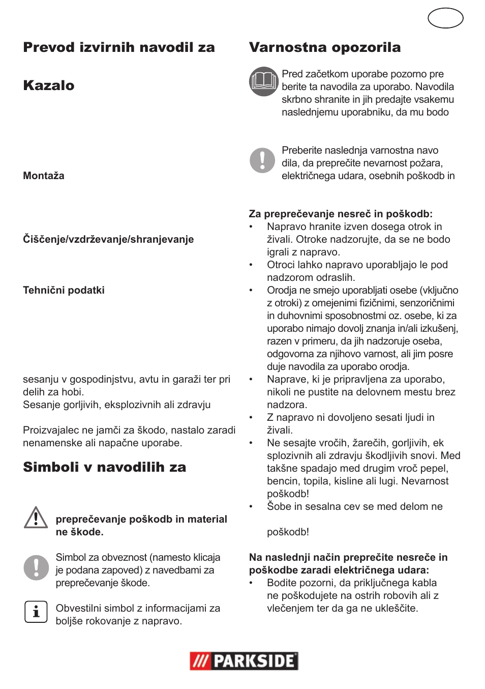 Prevod izvirnih navodil za uporabo kazalo, Uporaba, Simboli v navodilih za uporabo | Varnostna opozorila | Parkside PNTS 1300 User Manual | Page 23 / 54