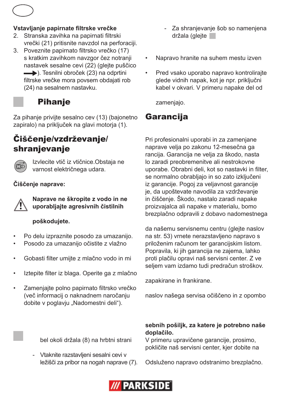 Pihanje, Čiščenje/vzdrževanje/ shranjevanje, Garancija | Parkside PNTS 1300 User Manual | Page 26 / 54