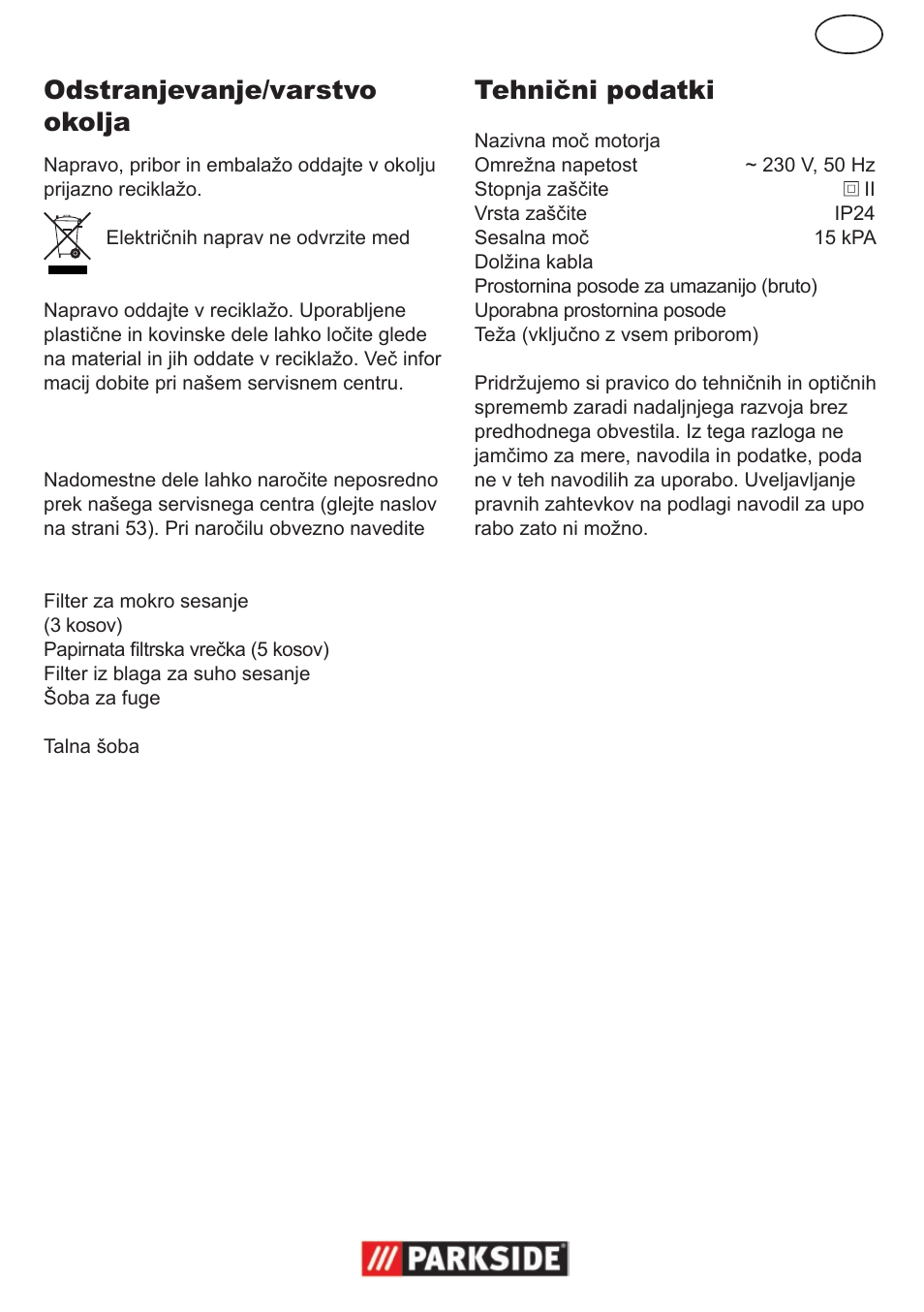 Odstranjevanje/varstvo okolja, Nadomestni deli, Tehnični podatki | Parkside PNTS 1300 User Manual | Page 27 / 54