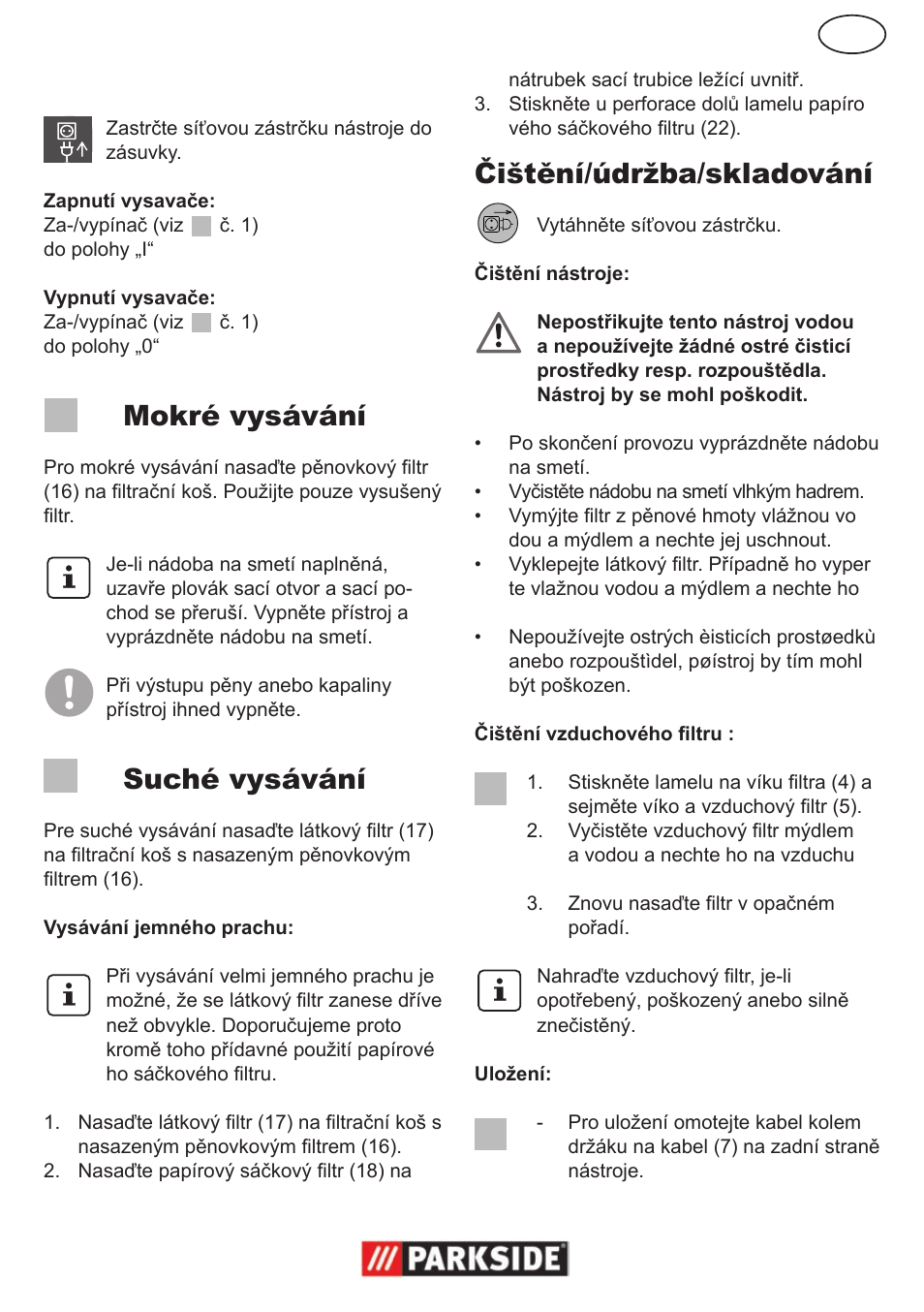 Cz zapnutí/vypnutí, Mokré vysávání, Suché vysávání | Čištění/údržba/skladování | Parkside PNTS 1300 User Manual | Page 31 / 54