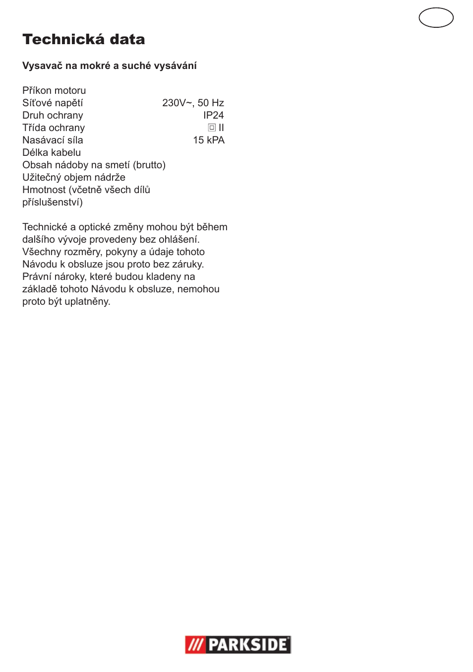 Cz technická data | Parkside PNTS 1300 User Manual | Page 33 / 54