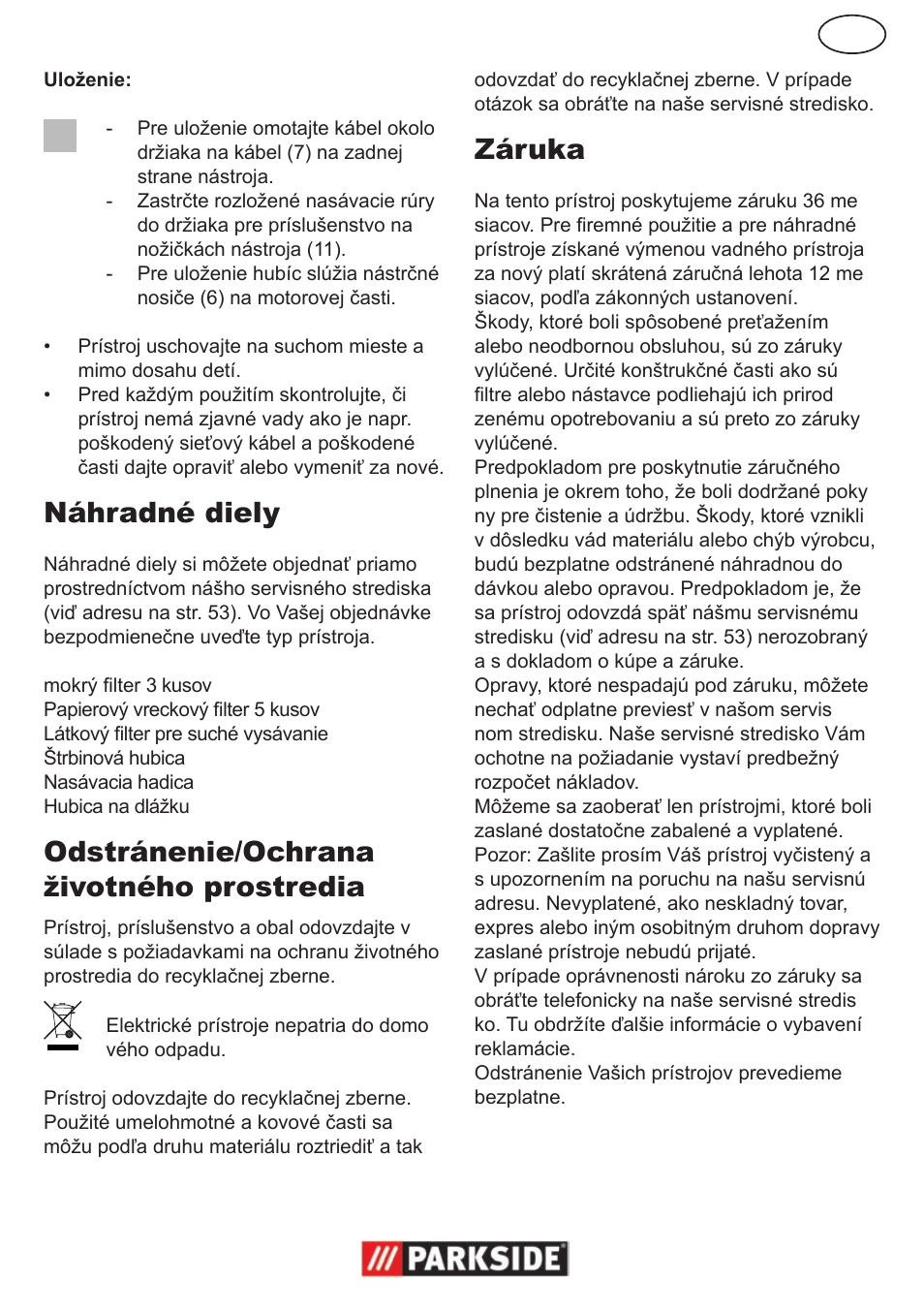 Náhradné diely, Odstránenie/ochrana životného prostredia, Záruka | Parkside PNTS 1300 User Manual | Page 37 / 54