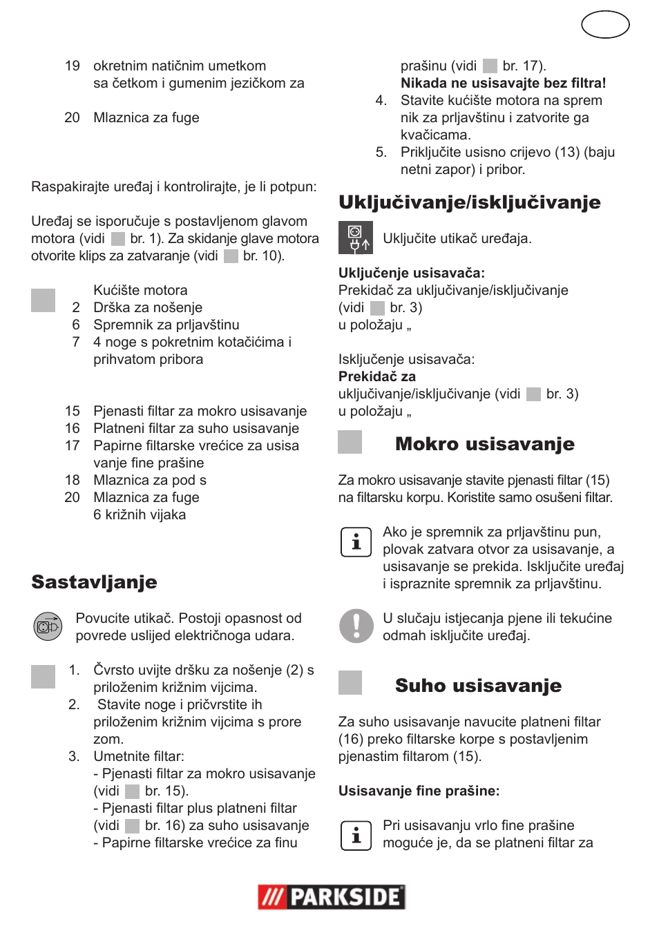 Opseg isporuke, Sastavljanje, Uključivanje/isključivanje | Mokro usisavanje, Suho usisavanje | Parkside PNTS 1300 User Manual | Page 41 / 54